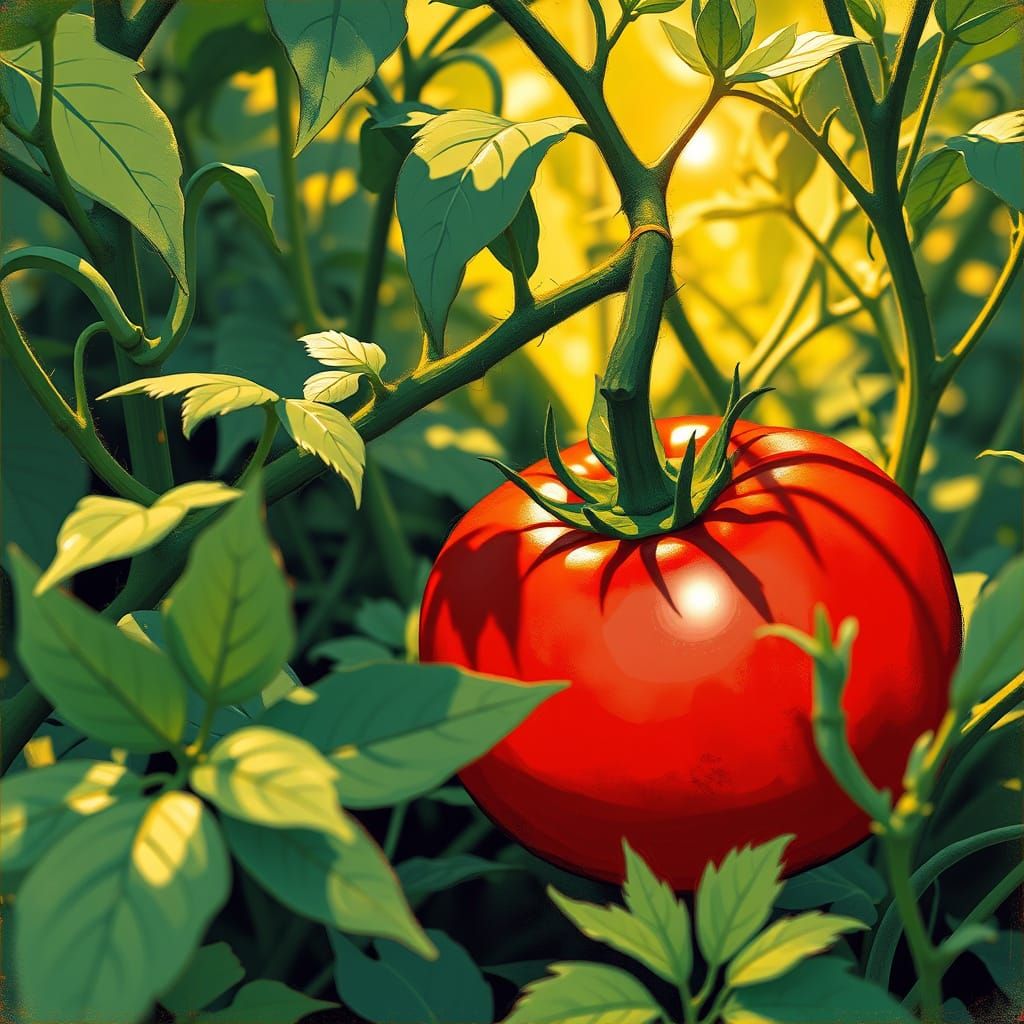 Vibrant Tomato in Garden, Impressionist Pop Art