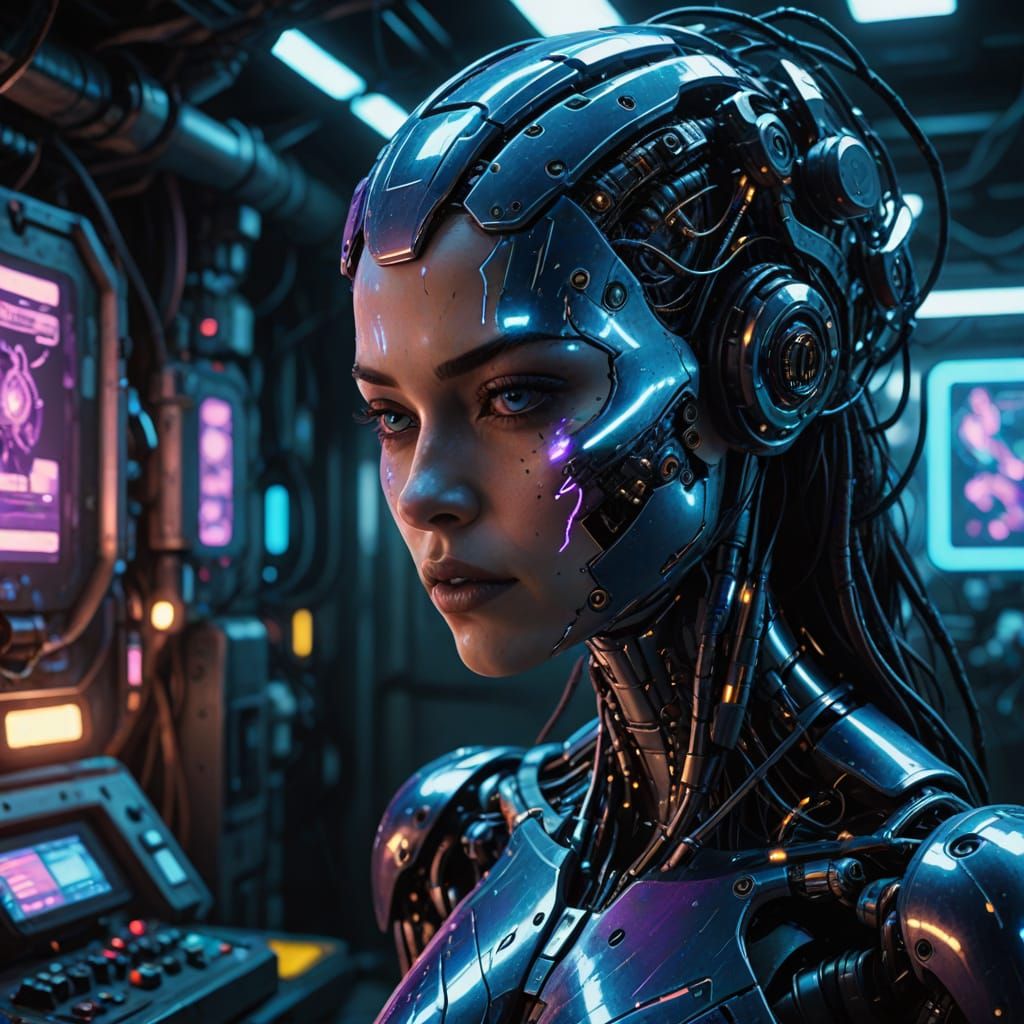Cyberpunk Android Goddess Amidst Futuristic Lab Chaos
