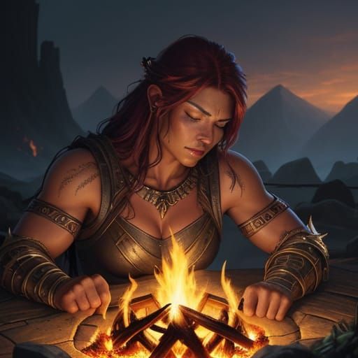 Barbarian Woman Sleeping by Campfire in Epic Fantasy Art