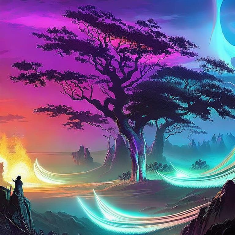 Bioluminescent Jewelry on Crystallized Trees in Fantasy Art