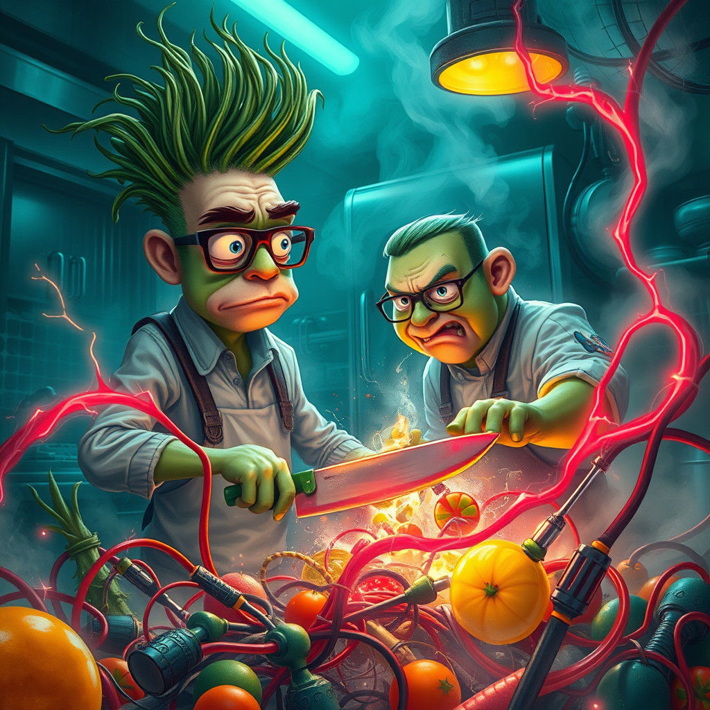 Botanist's Dismay in Futuristic Kitchen, Hand-Painted Style