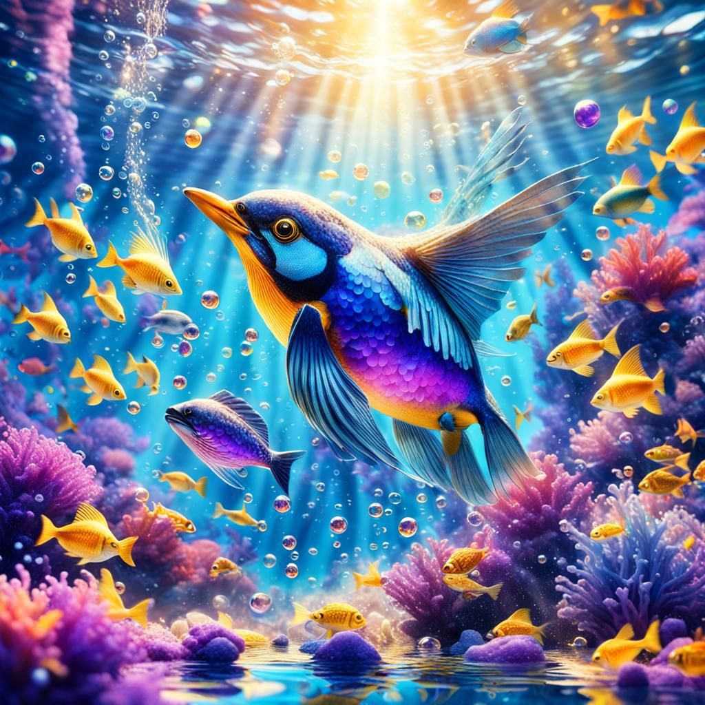 Bird Diving into a Sea of Colorful Fish