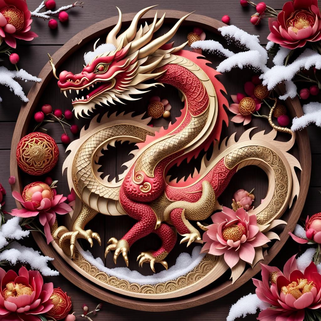 Chinese New Year Wooden Dragon Mandala in Winter