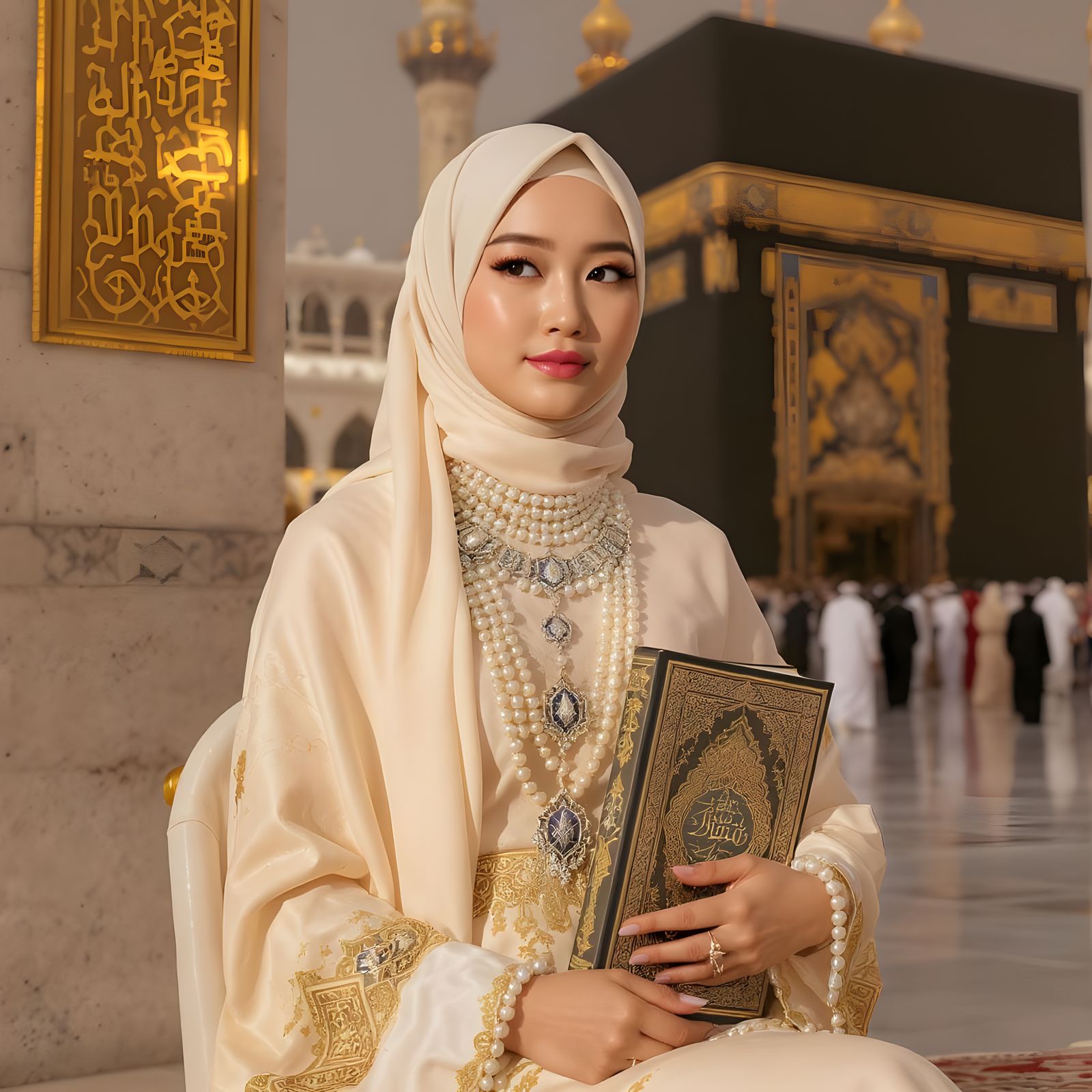 Woman in Hijab with Pearl Jewelry Before Ka'bah