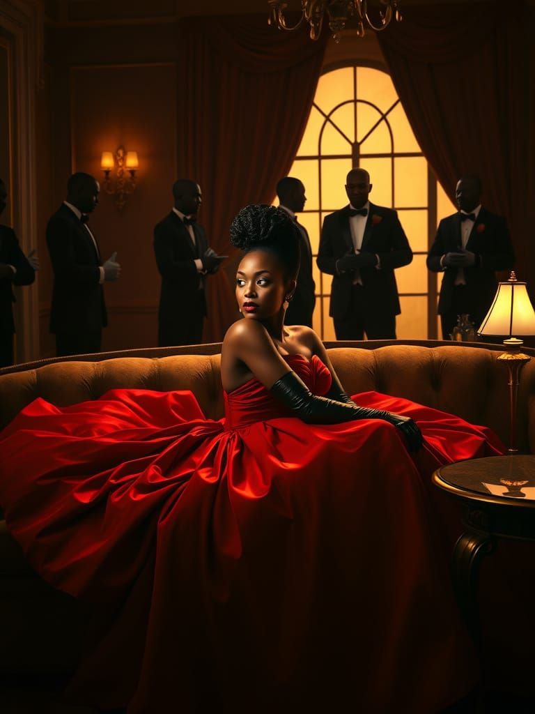 Elegant Woman in Red Gown on Couch, Photorealistic Painting