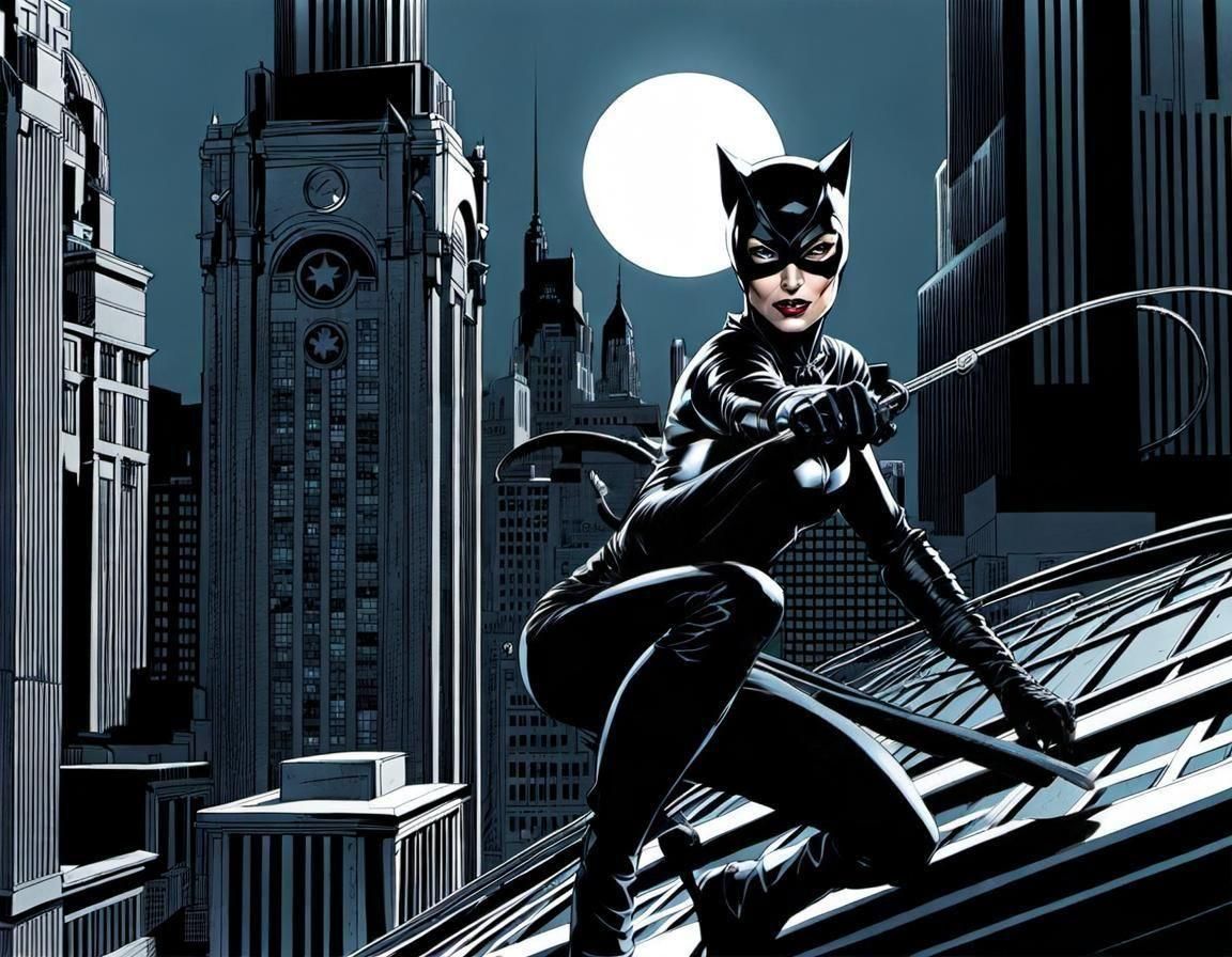 Catwoman on Justice League Roof in Comic Style