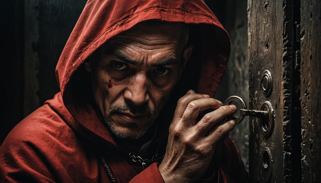 Monk Unlocks Mysterious Chamber Door in Dramatic Lighting