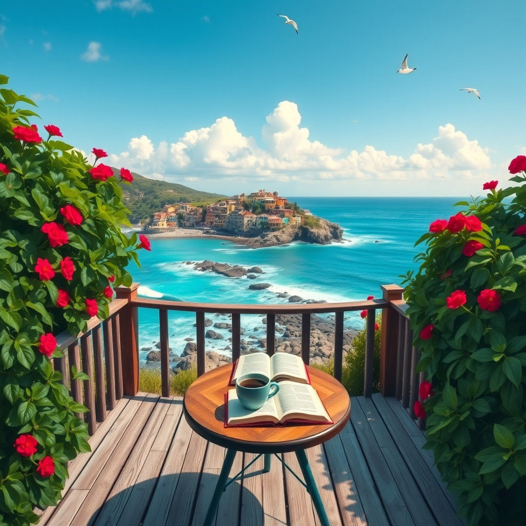 Idyllic Coastal Scene with Coffee in Whimsical Style