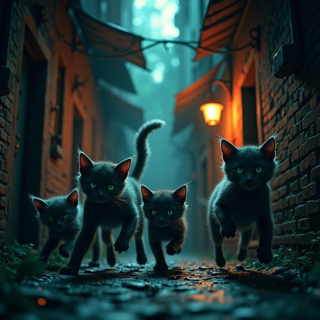 Kittens' Whimsical Hide-and-Seek in Mystical Alleyway