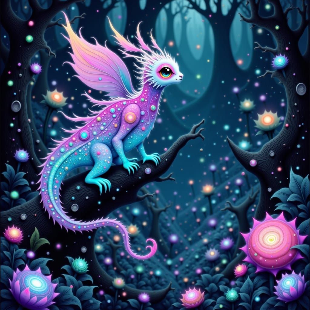 Bioluminescent Creature in Lush Alien Forest - Manga Art