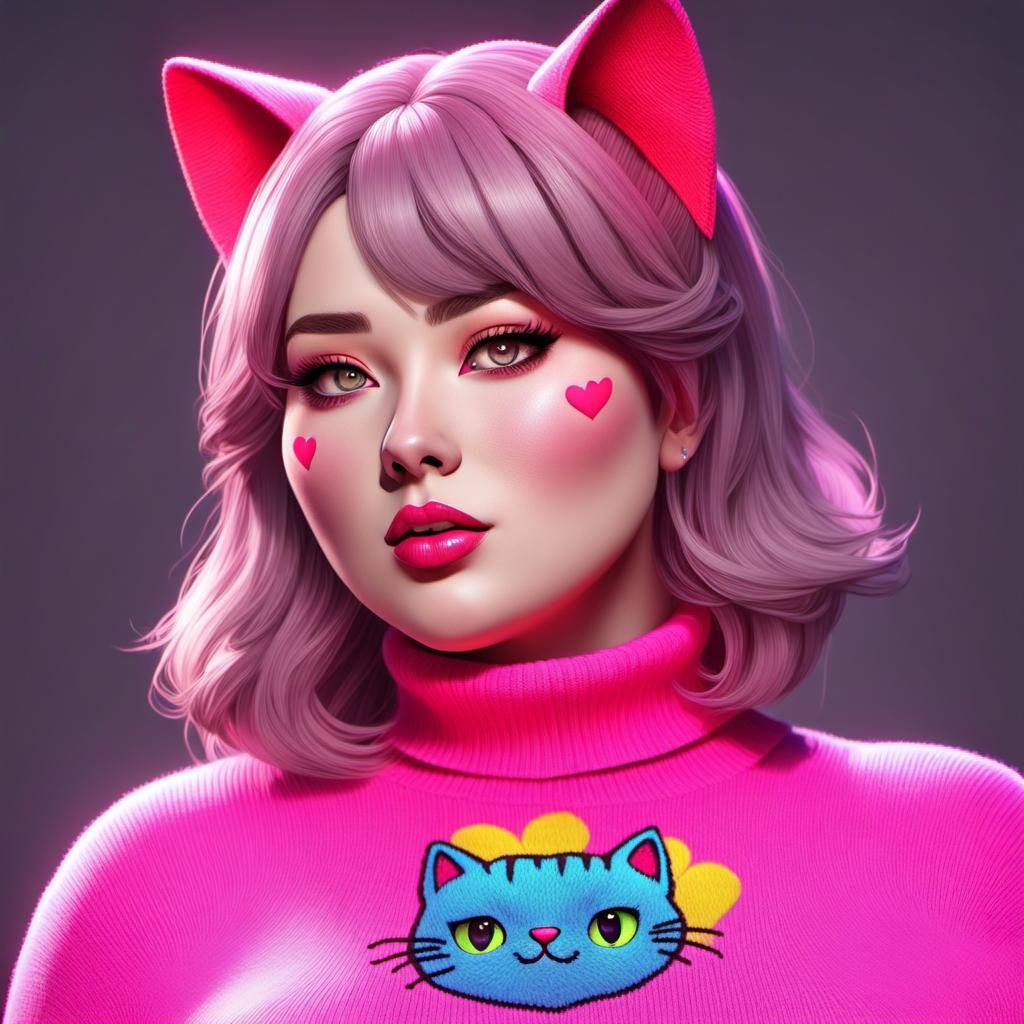 Chubby Model in Cat Cosplay, Color Engraving