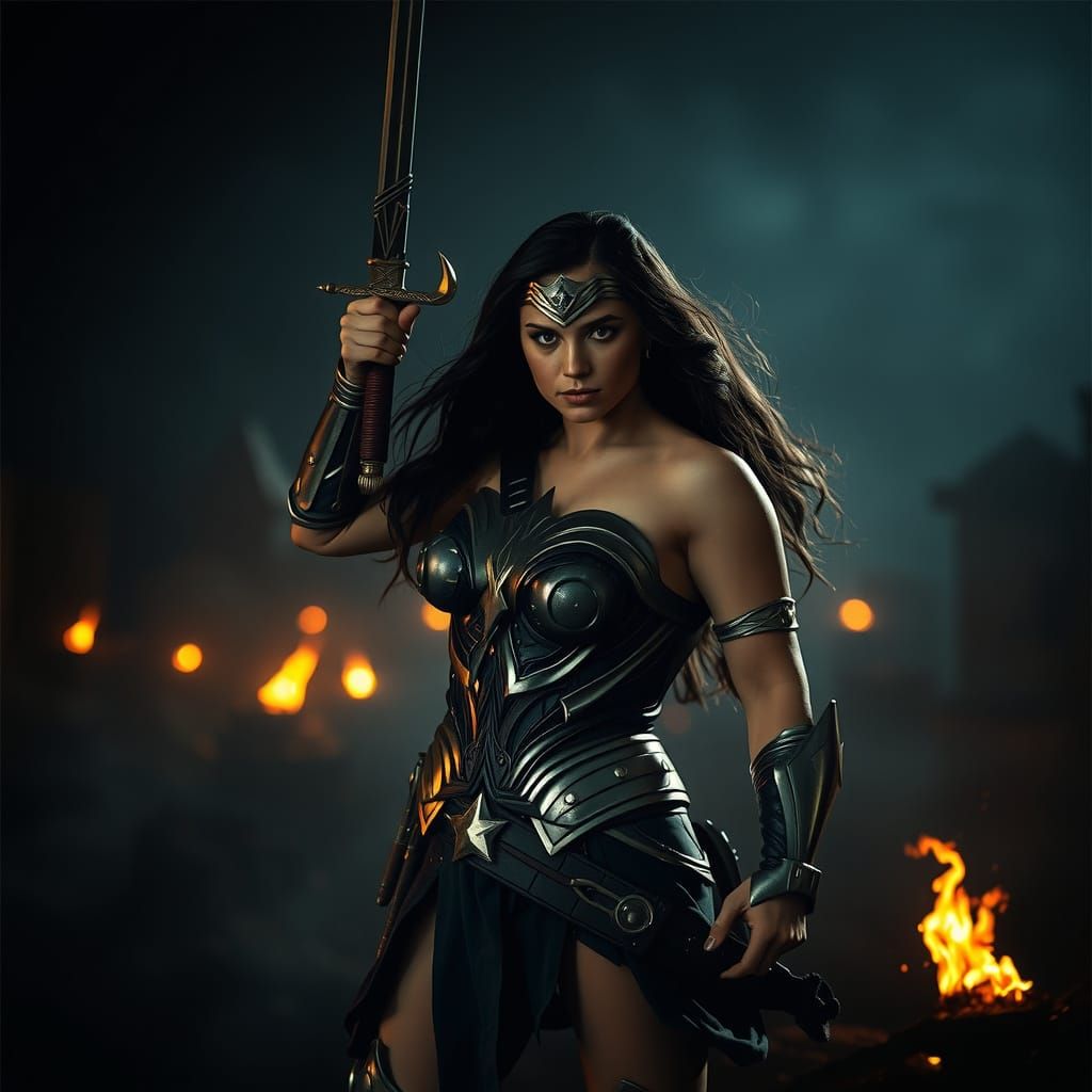 Wonder Woman in Dark Fantasy Realm: Cinematic Film Still