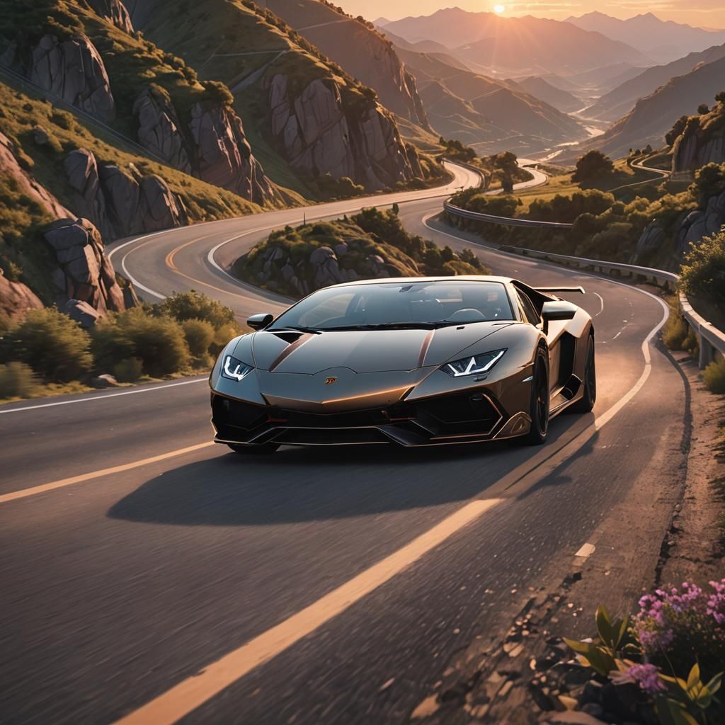 Anime Girl Drives Lamborghini at Sunset