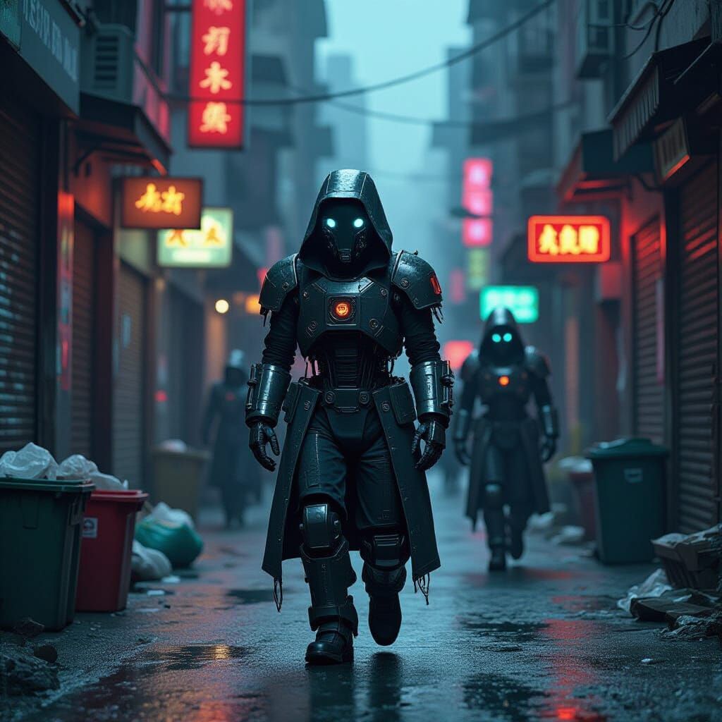 Gritty Industrial Robots in Dimly Lit Alley