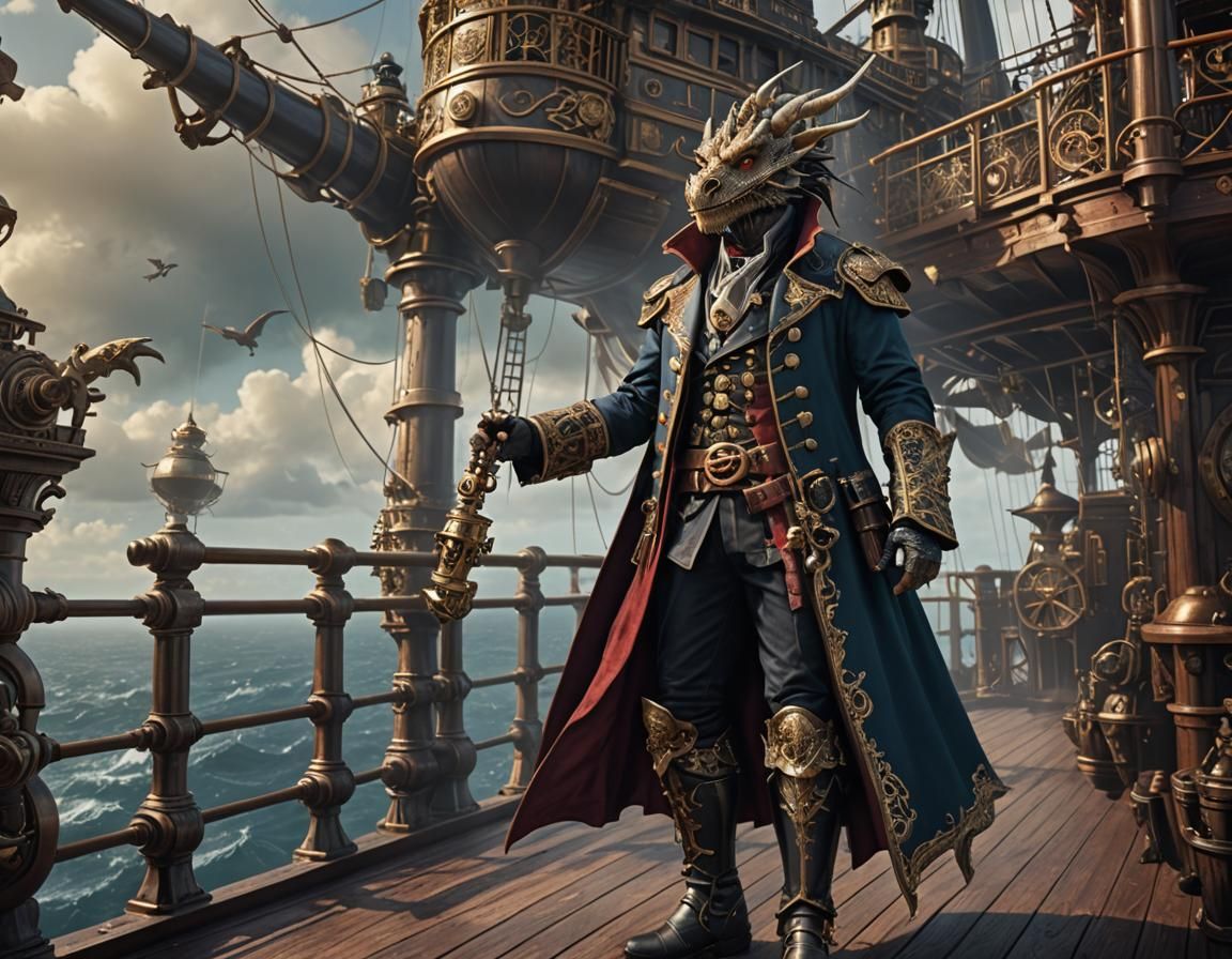 Dragon Pirate Captain on Steampunk Airship Deck