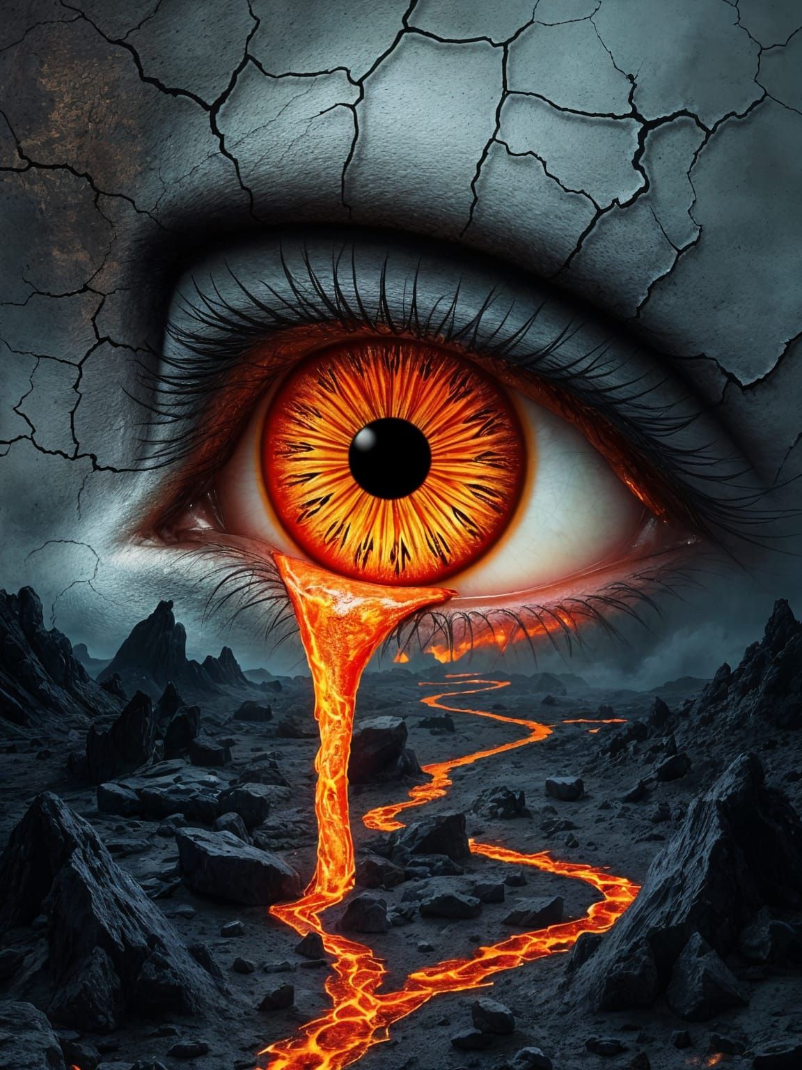 Surreal Eye Tears Lava in Apocalyptic Landscape