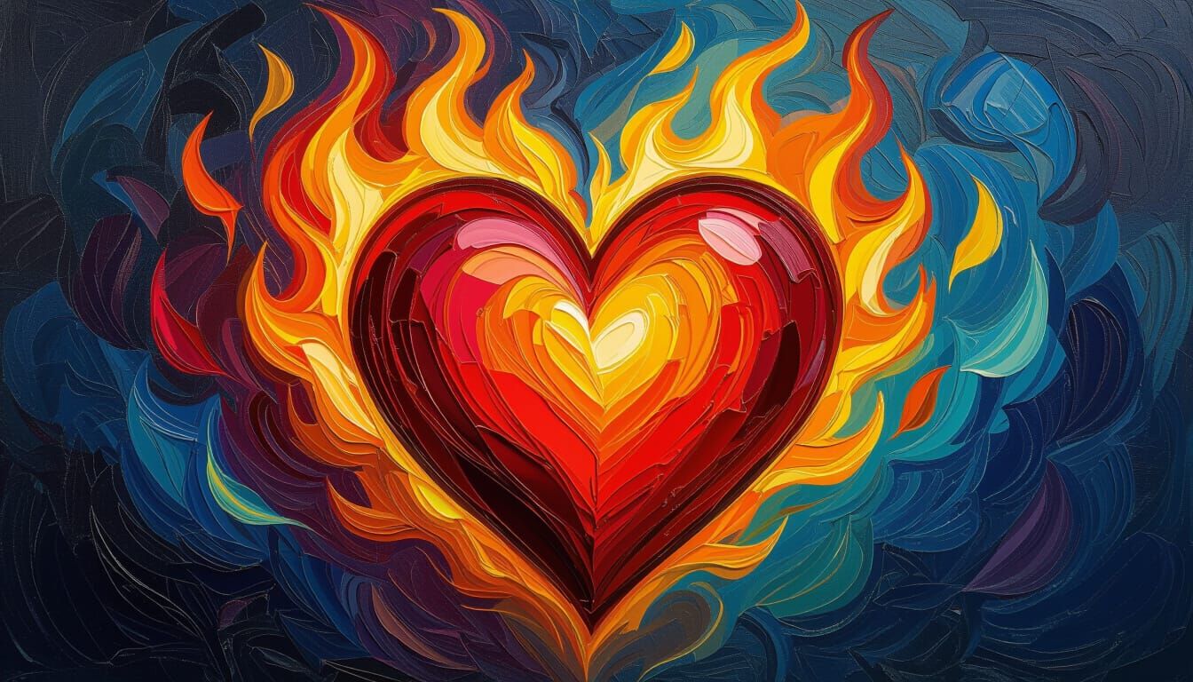 Emotive Heart in Flames: Neo-Impressionist Oil Painting