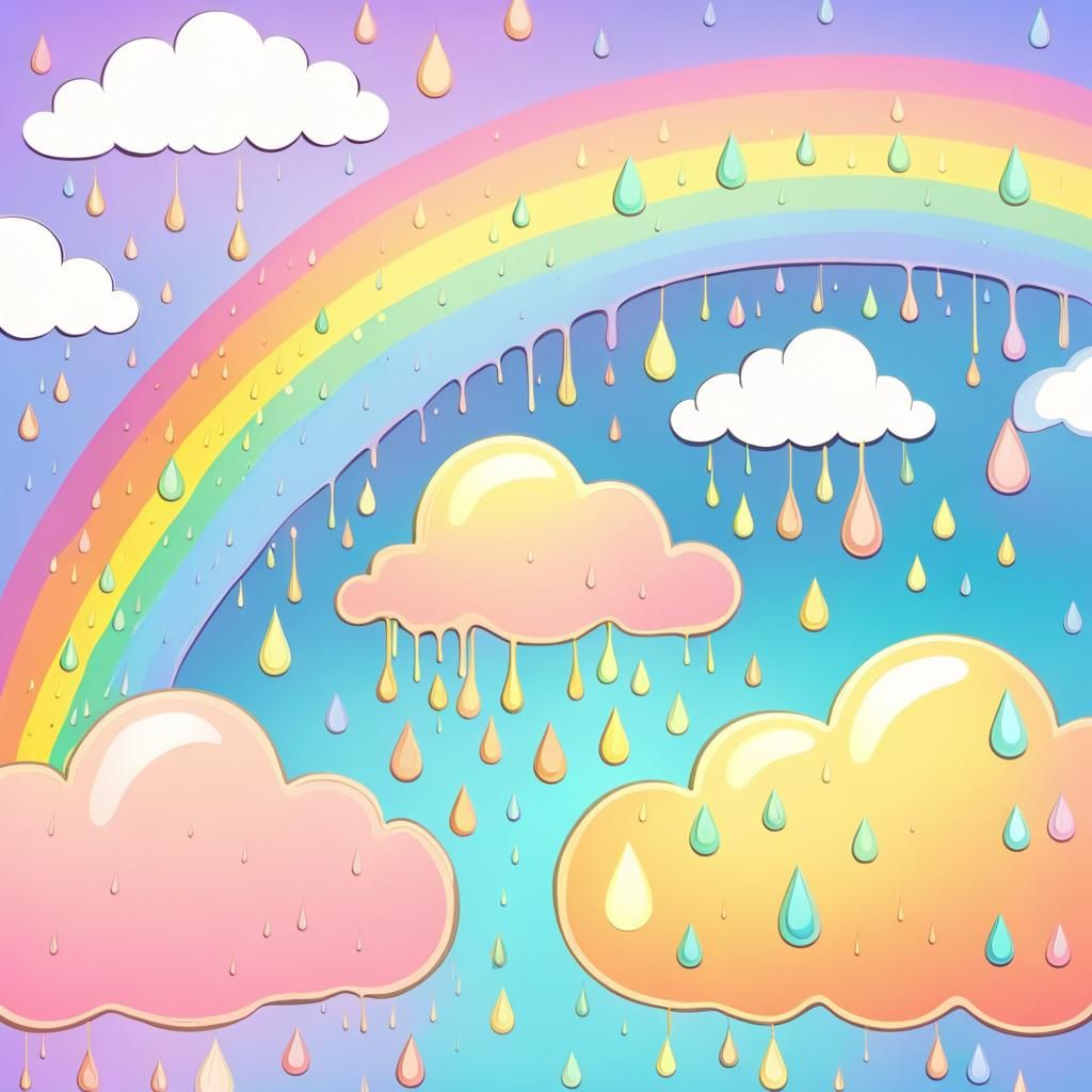 Rainbow Raindrops with Pastel Clouds and Golden Light