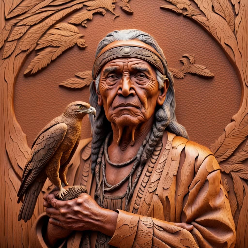 Native American Elder with Hawk Wood Carving