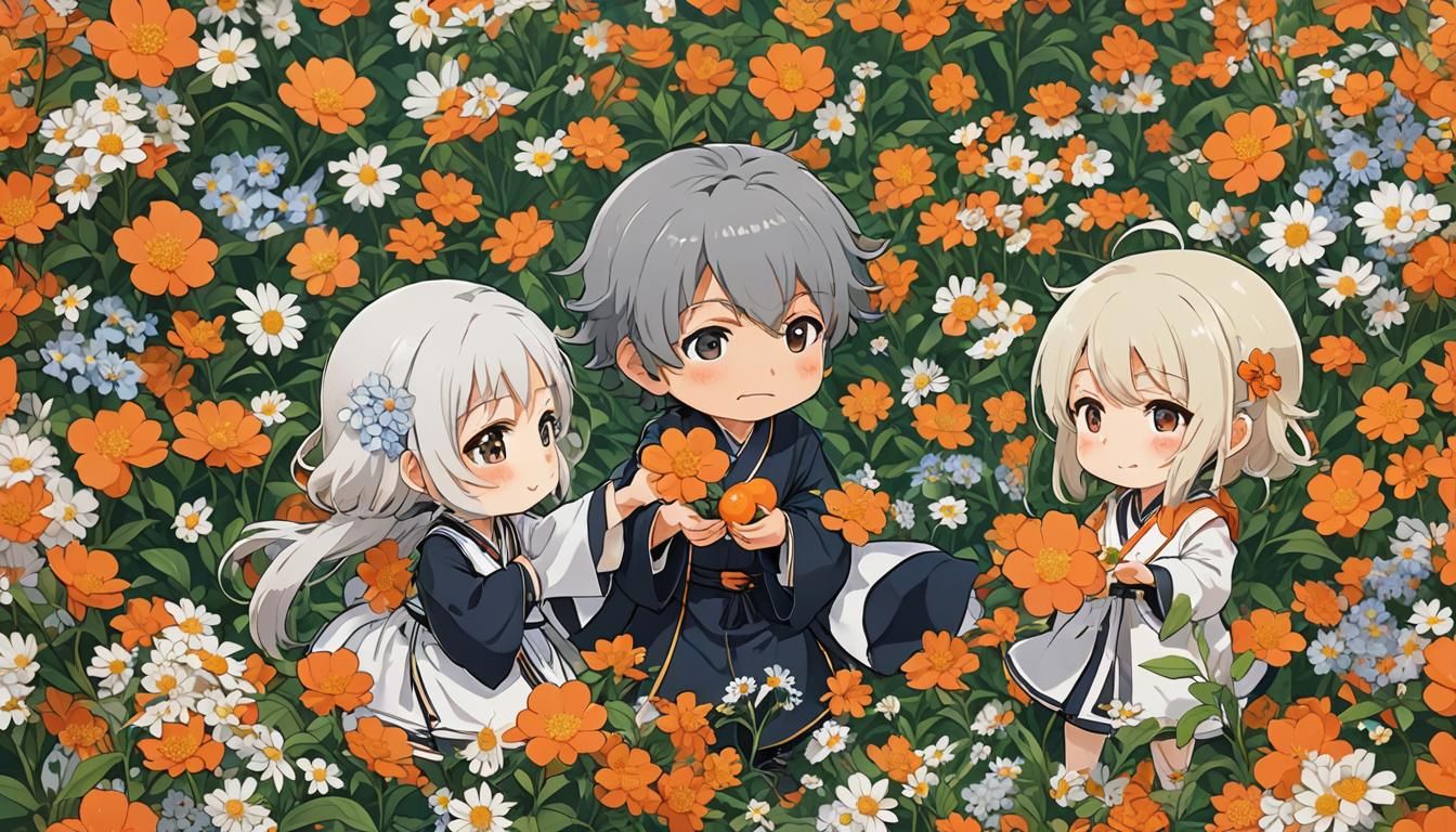 Chibi Socrates with Orange Flowers in Anime Style