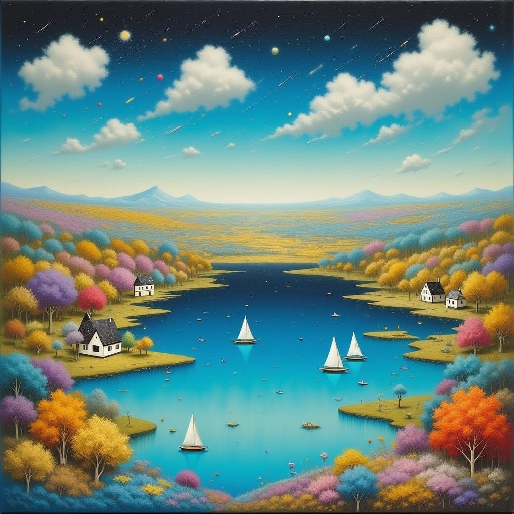 Vibrant Landscape with Whimsical Houses and Boats