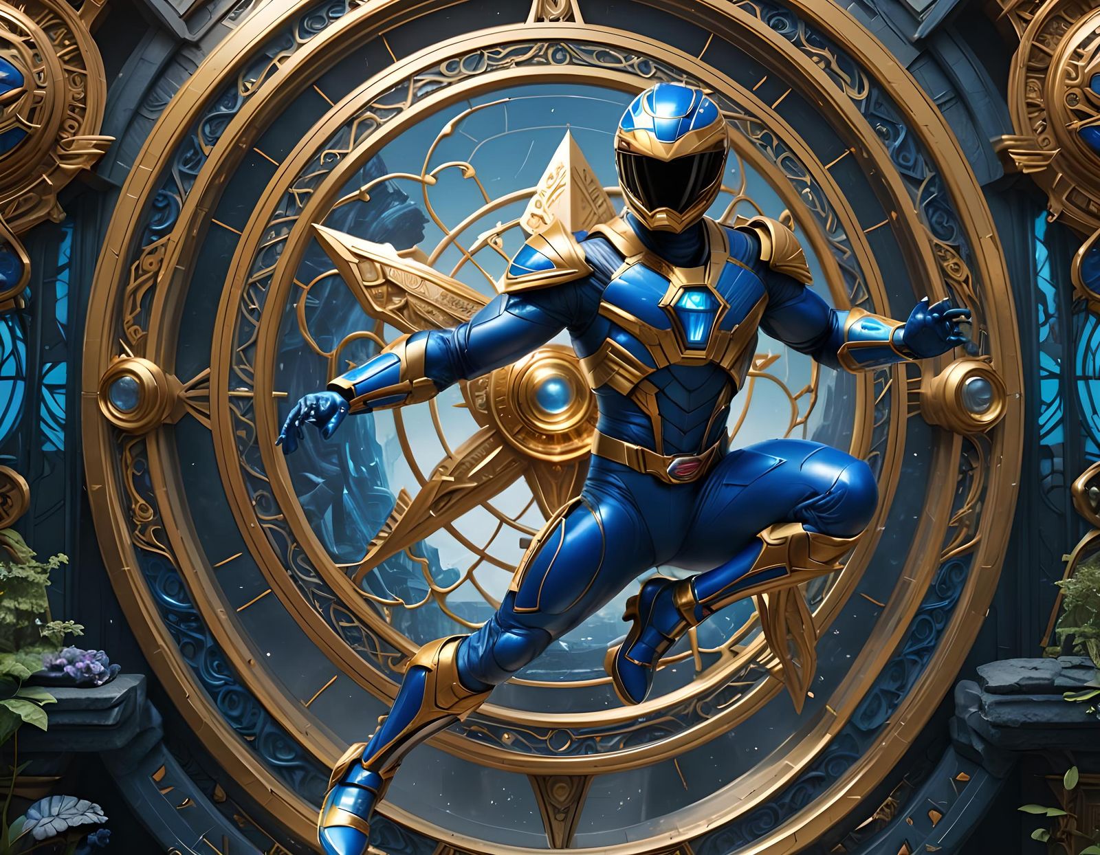 Blue Power Ranger Leaping: Detailed Matte Painting