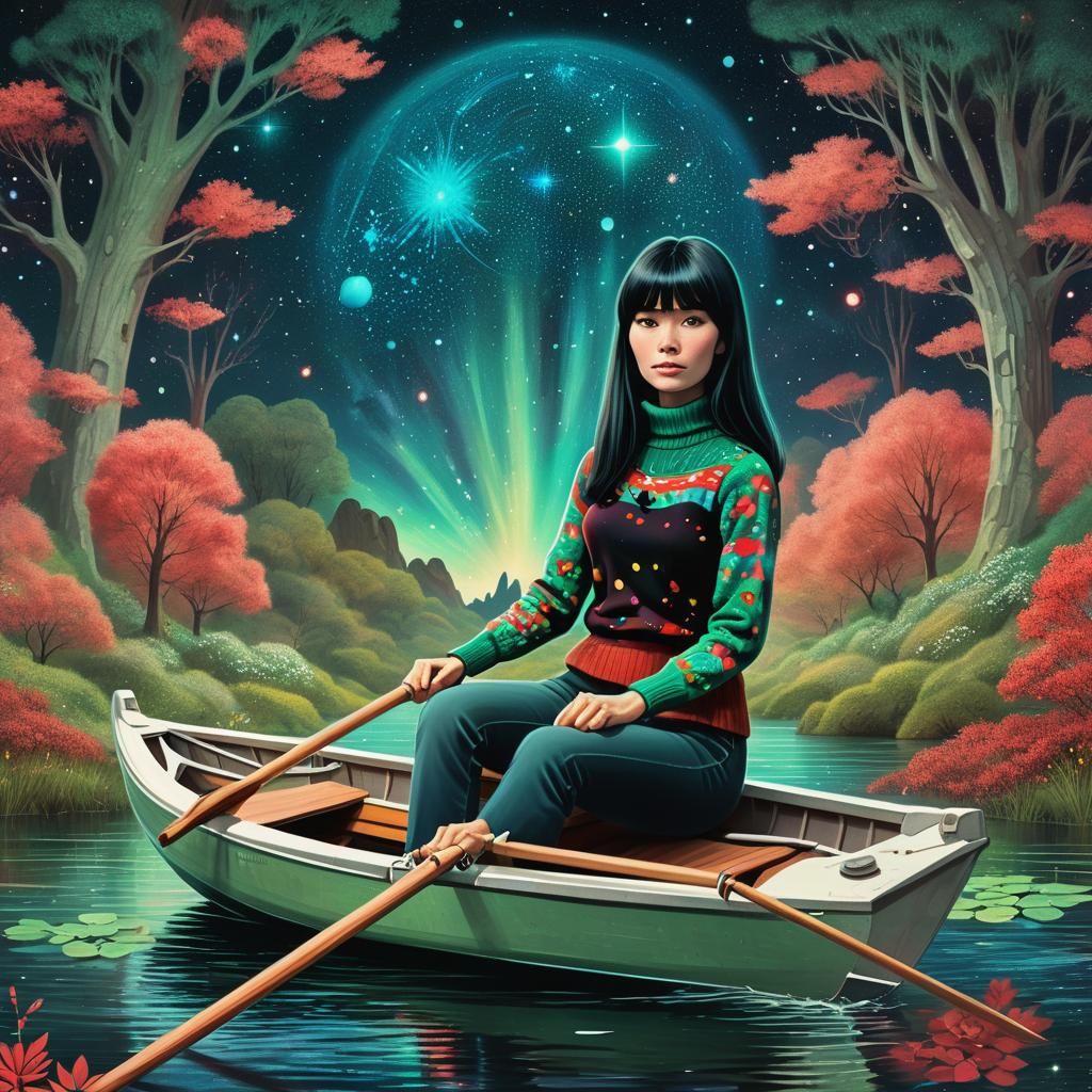 Woman Rows Boat Through Space: Astral Illustration