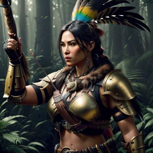 Bronze-Punk Indigenous Warrior with Alien Bow