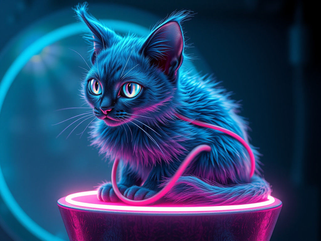 Blue Feline Creature with Neon Eyes, Digital Art