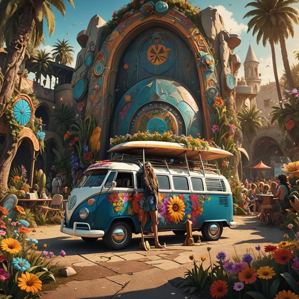 Hippy Girl at 70s Concert with Surfboard and Van