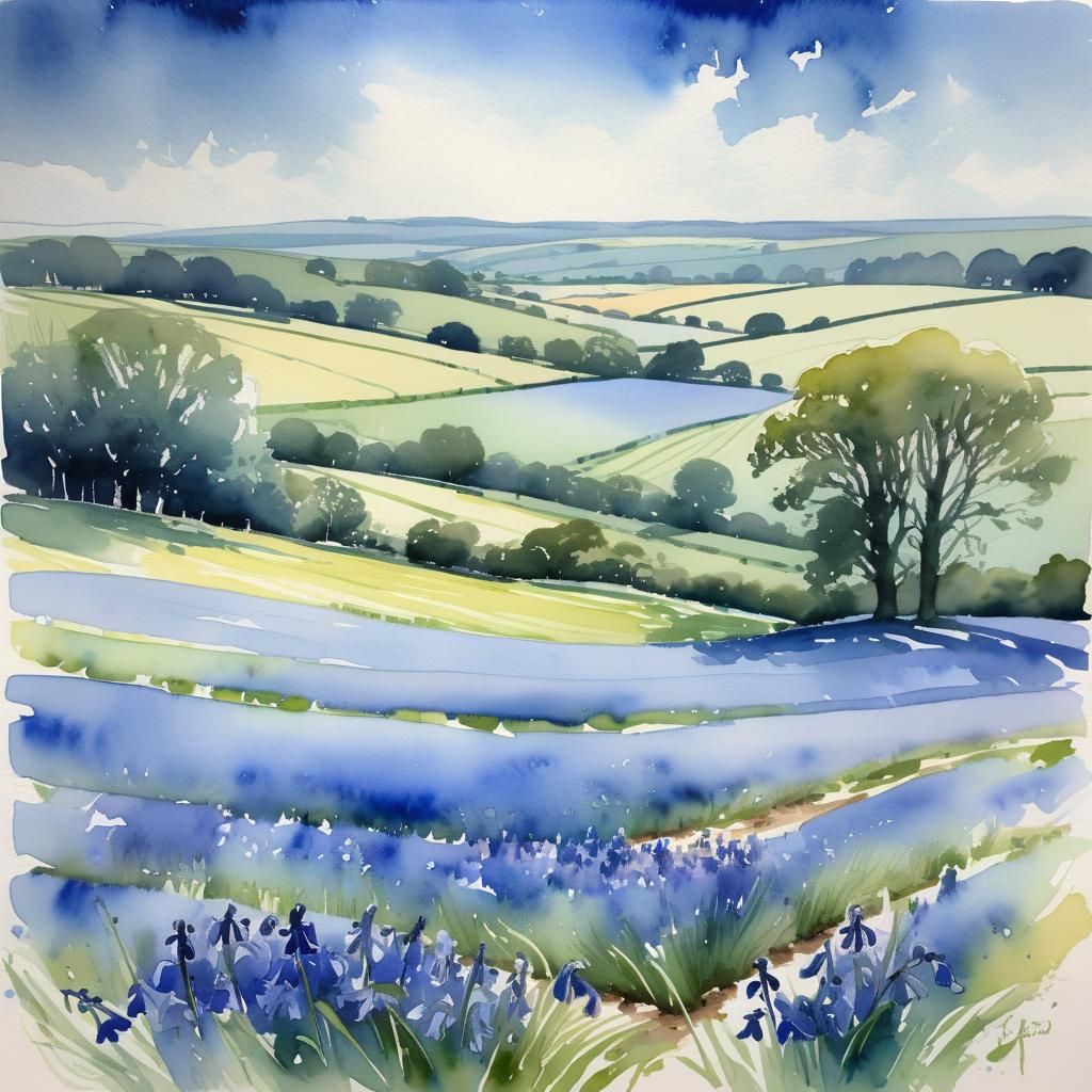 Bluebells Field in Splash Watercolour Style