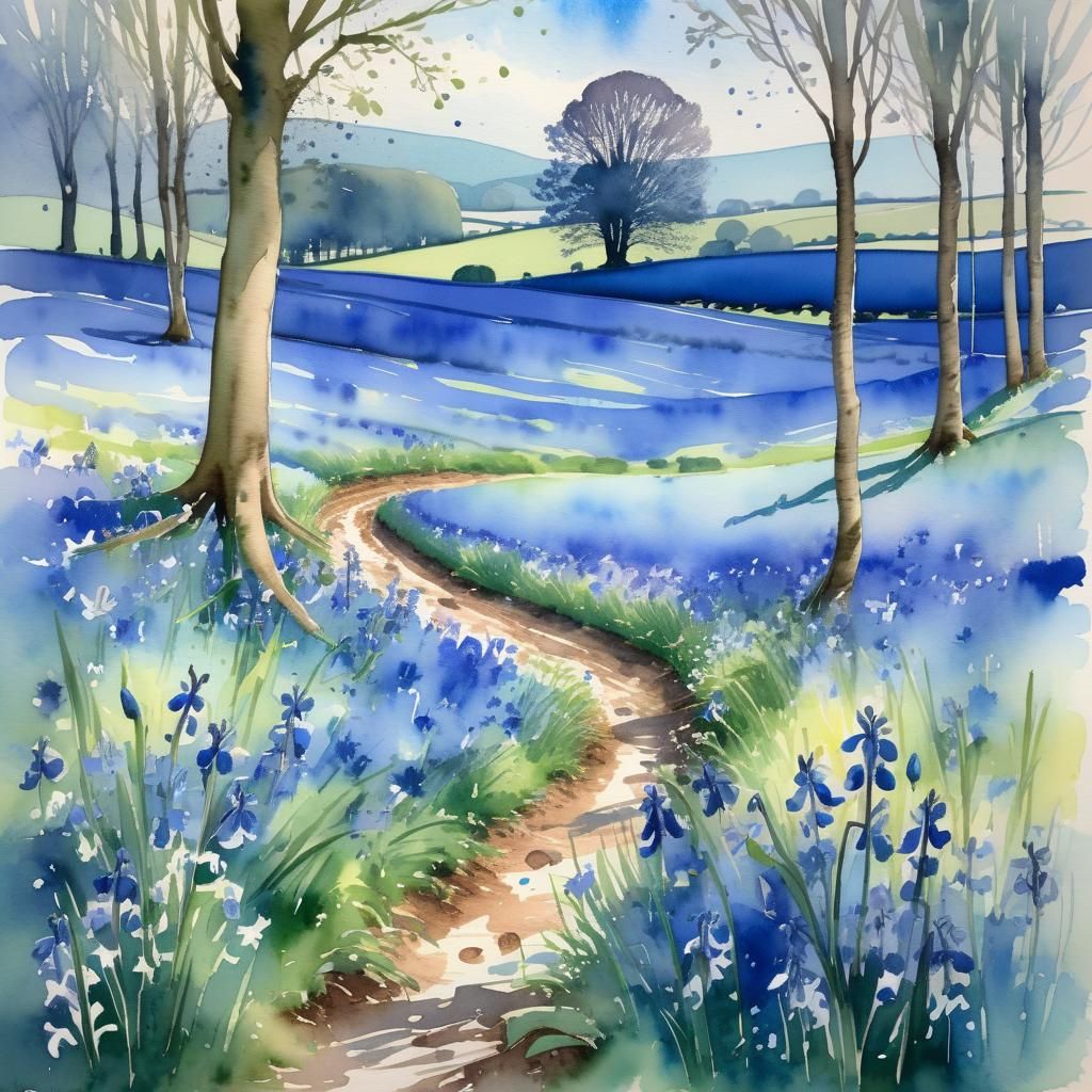 Bluebells Field in Splash Watercolour Style