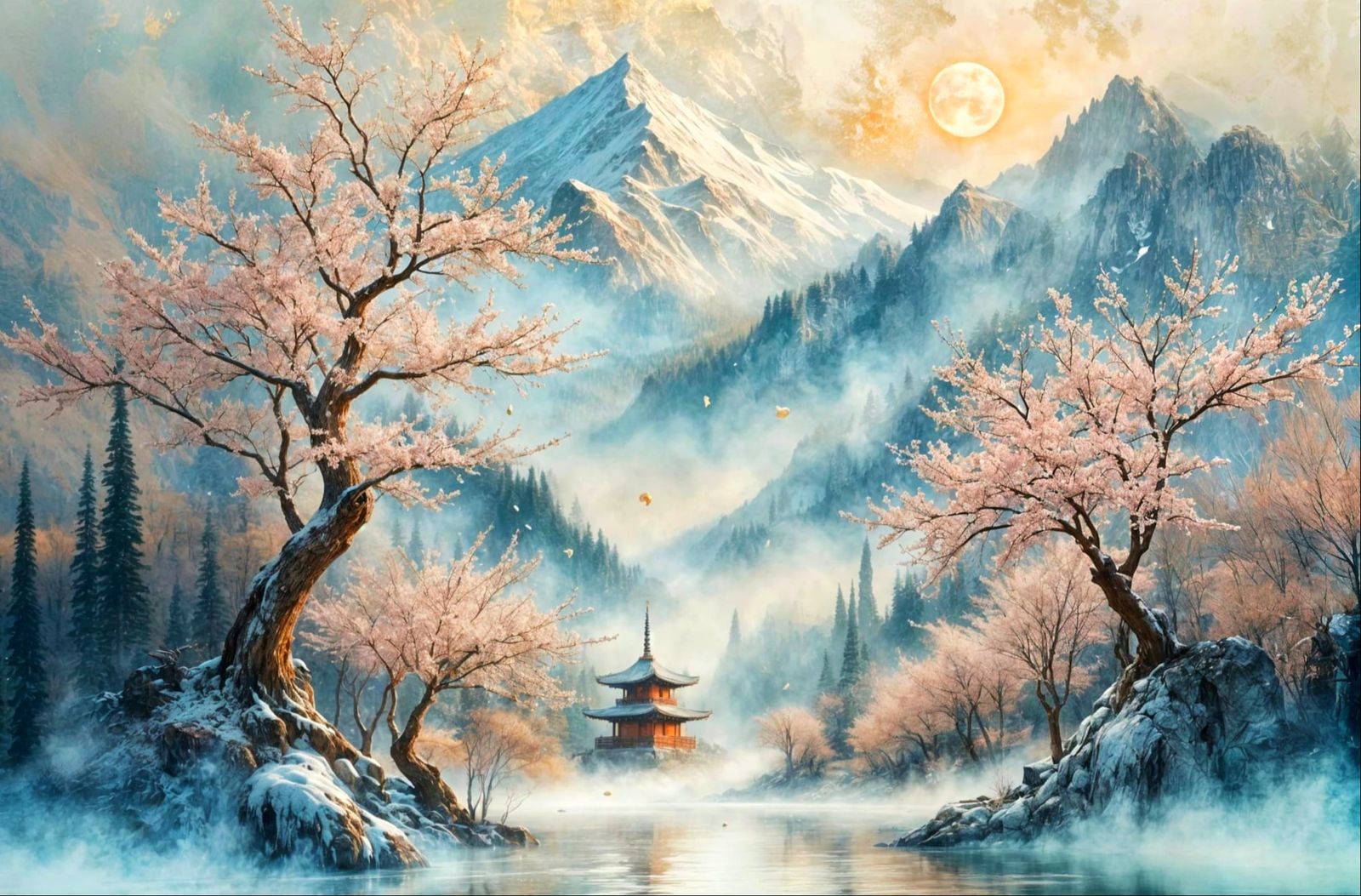 Ethereal Almond Blossom Temple in Misty Mountains