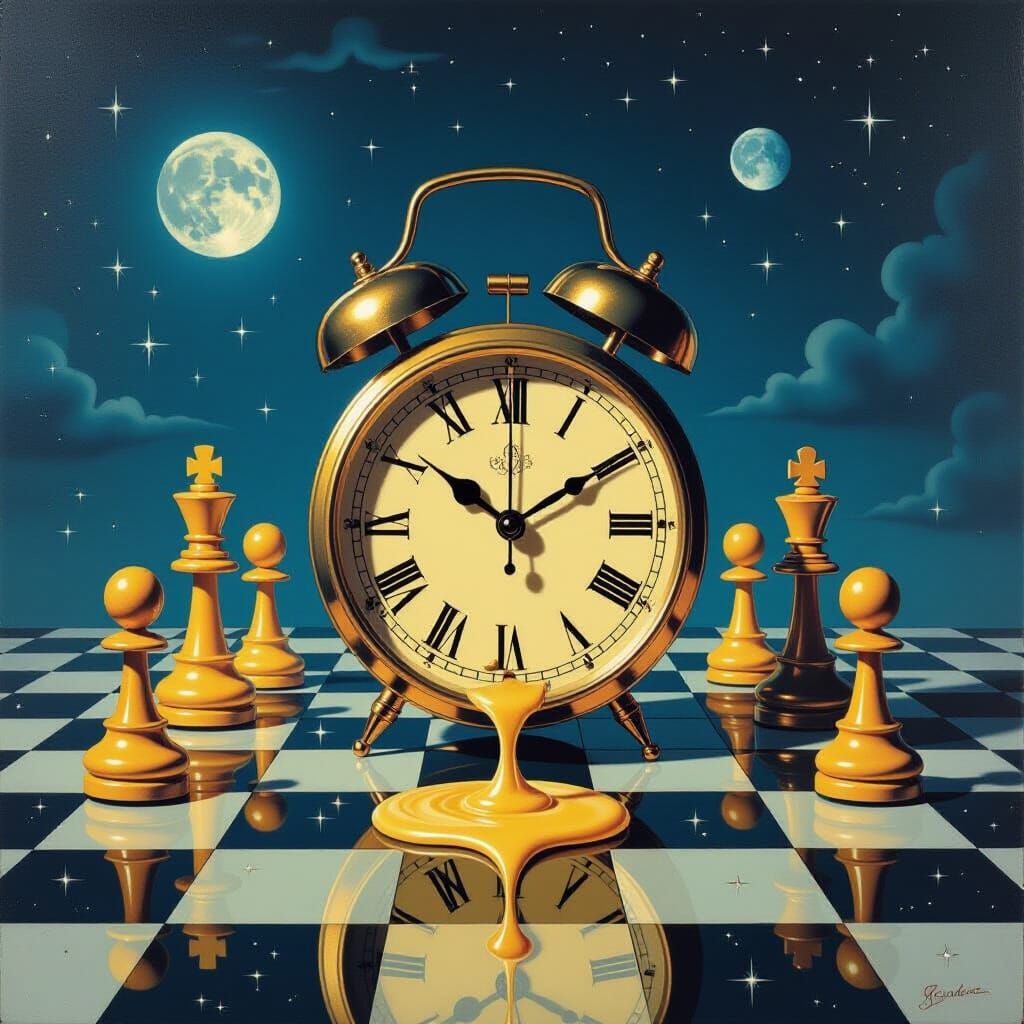 Melting Clock on Cosmic Chessboard: Surreal Dreamscape