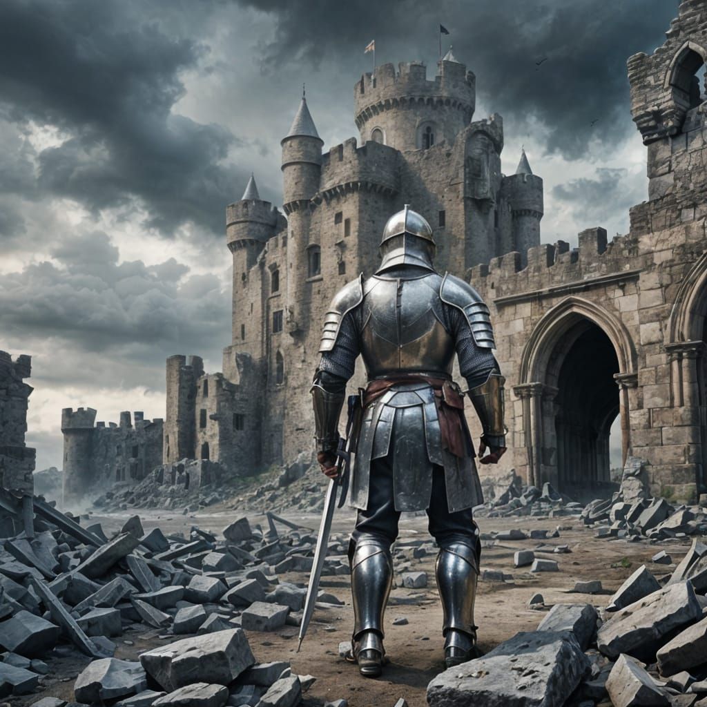 Medieval Knight in Ruins Reflects Enemy Army