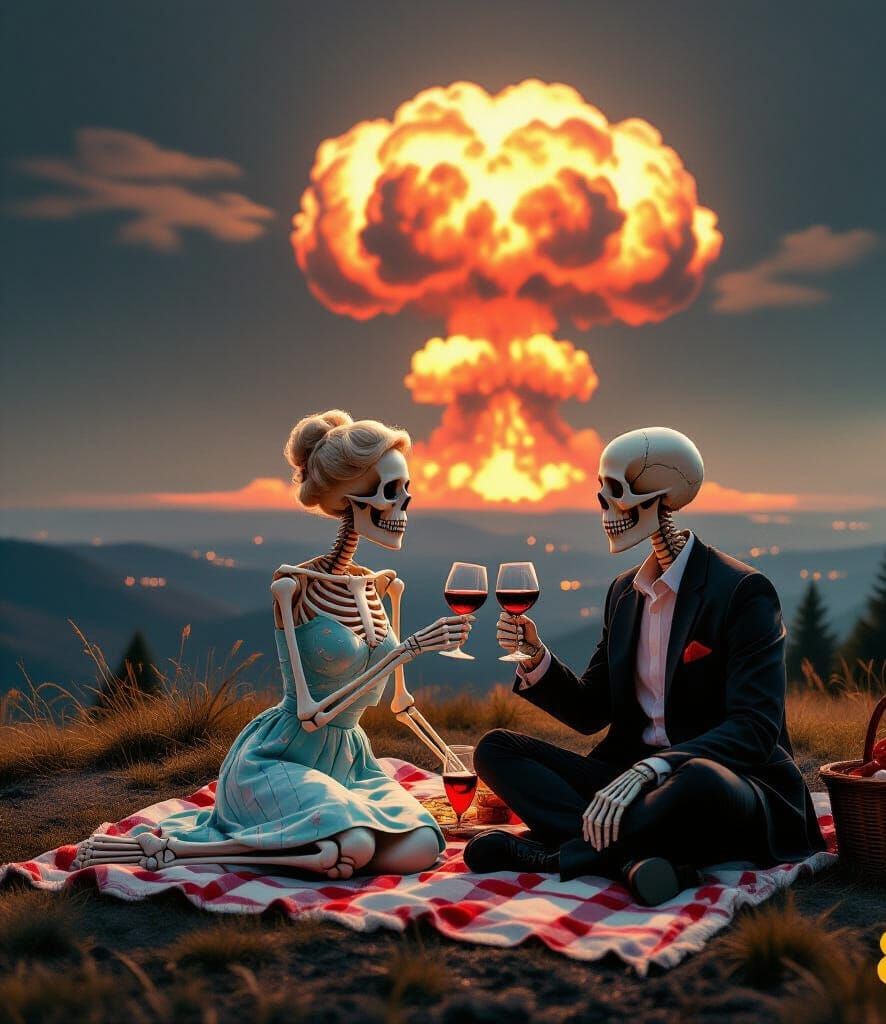 Skeleton Couple's 60s Picnic Amidst Nuclear Blast