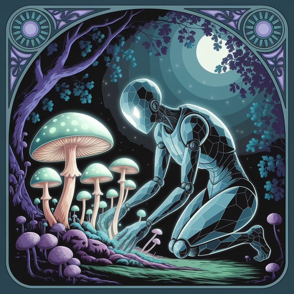 Crystal Golem in Bioluminescent Grove, Art Nouveau Style