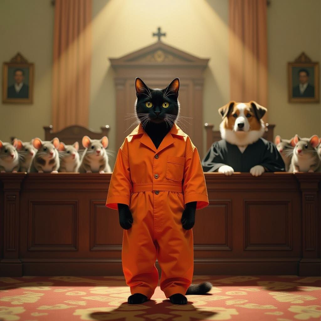 Cat in Court: Surreal Oil Painting of Justice