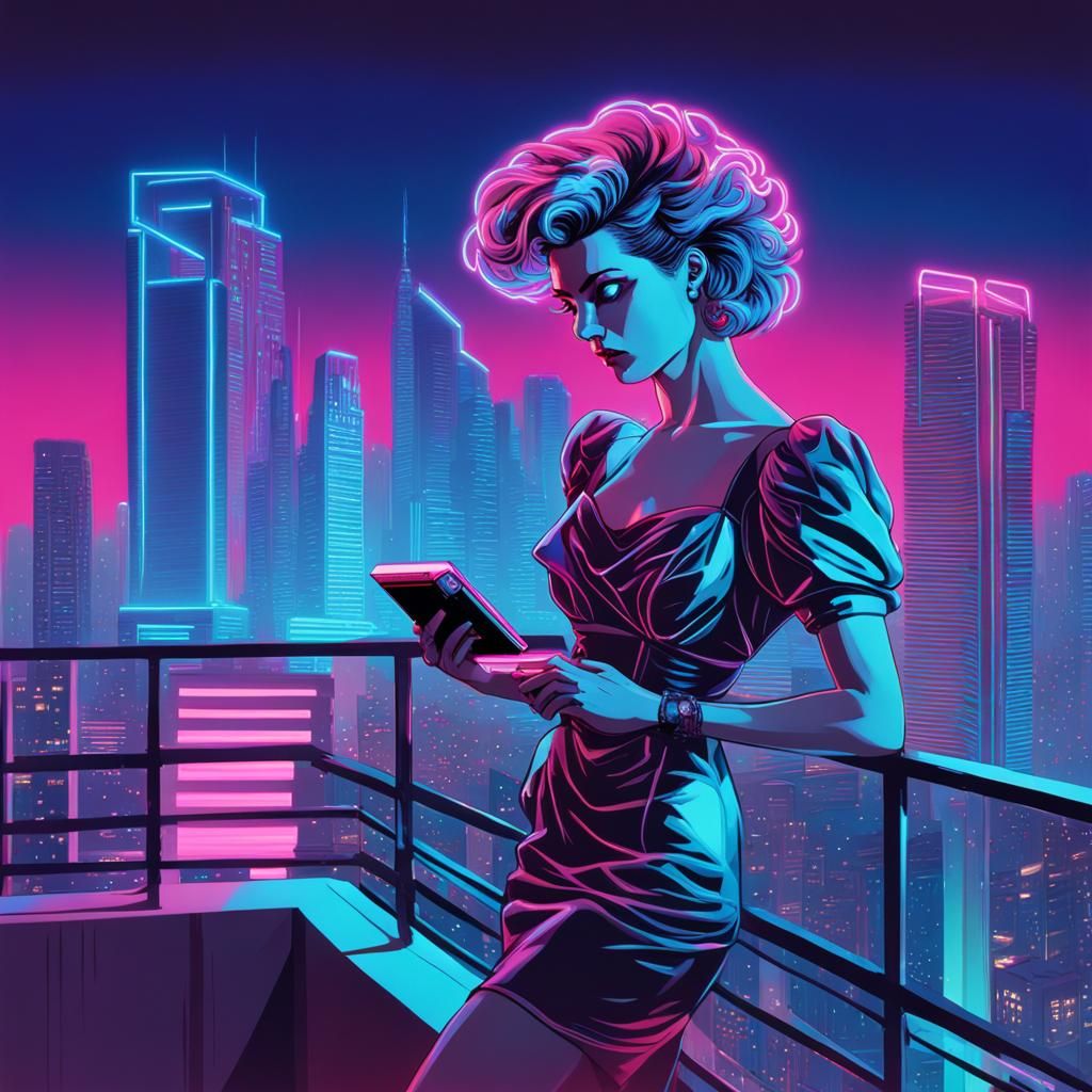 Woman with Walkman: Synthwave Neon Portrait