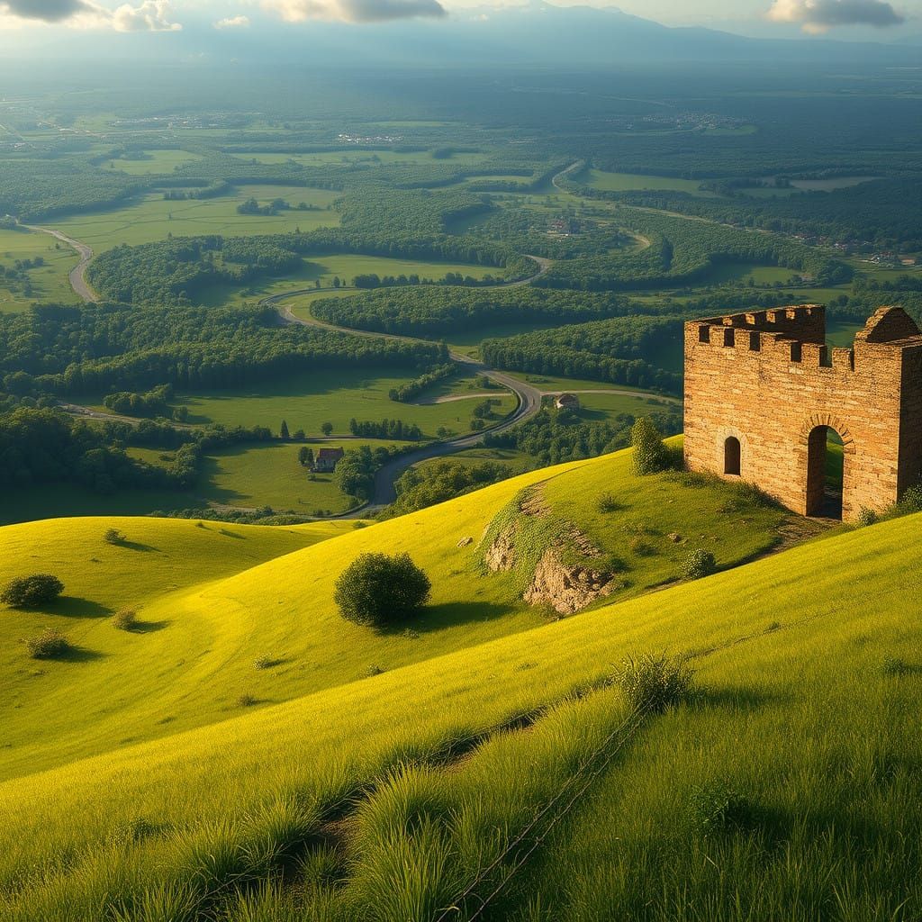 Ancient Ruins Amidst a Lush Emerald Plain