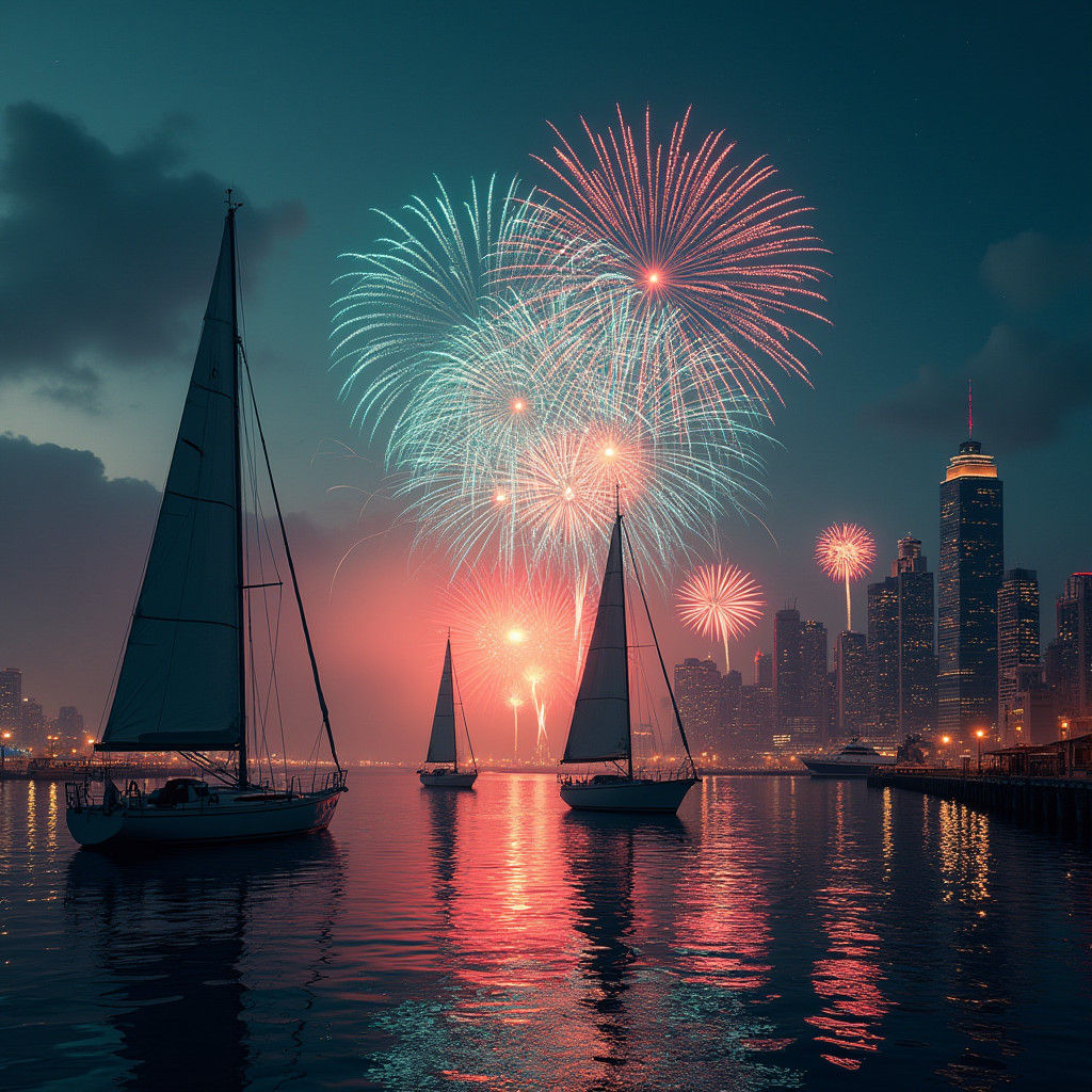 Fireworks Over City Harbor at Twilight in Photorealistic Sty...