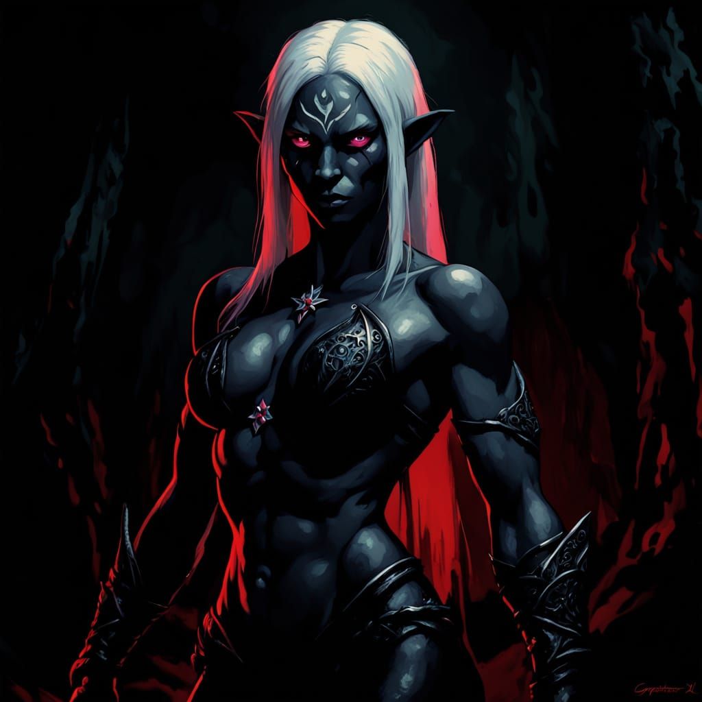 Cinematic Portrait of a Muscular Drow Woman