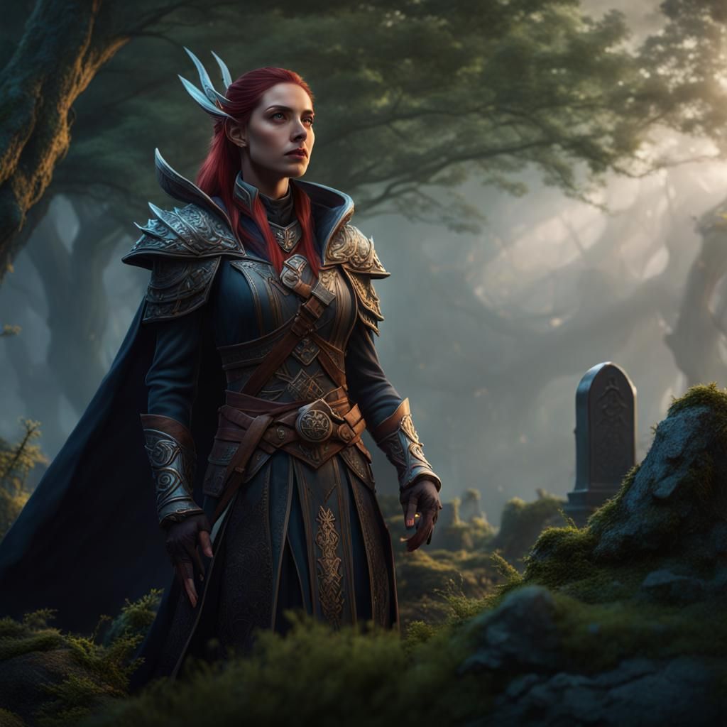 Half-Elf Grave Cleric in Woodland, Fantasy Art