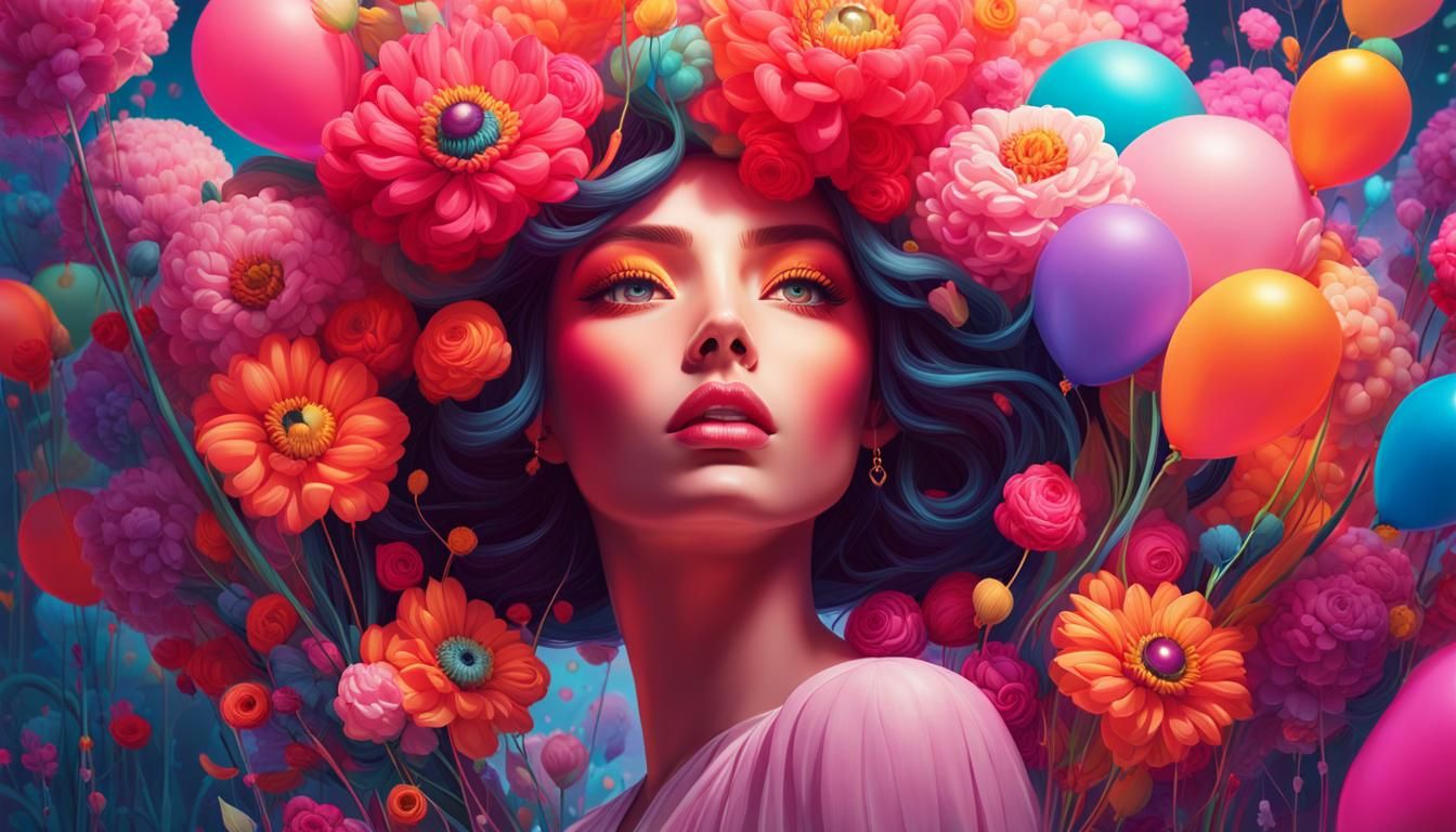 Surreal Portrait with Flowers and Balloons in Dreamlike Styl...