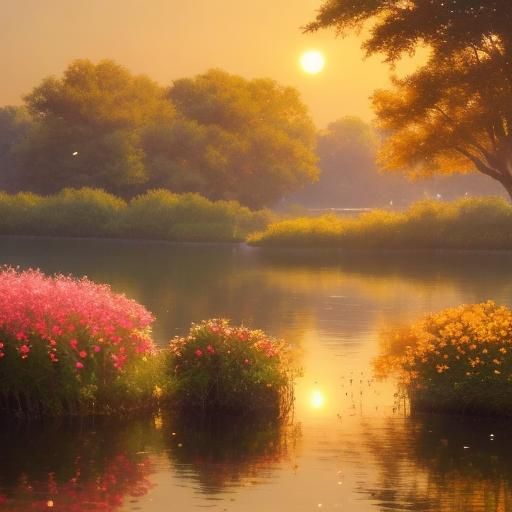Enchanting Sunset Lake Scene in Anime Style