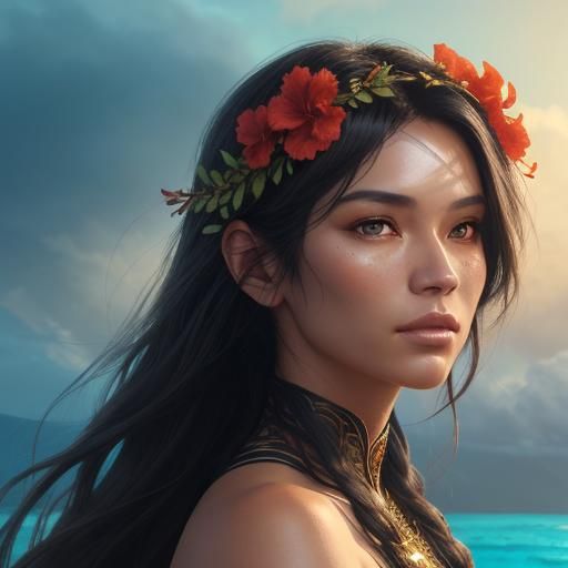 Tahitian Maiden in Hyperrealistic Art Nouveau Style