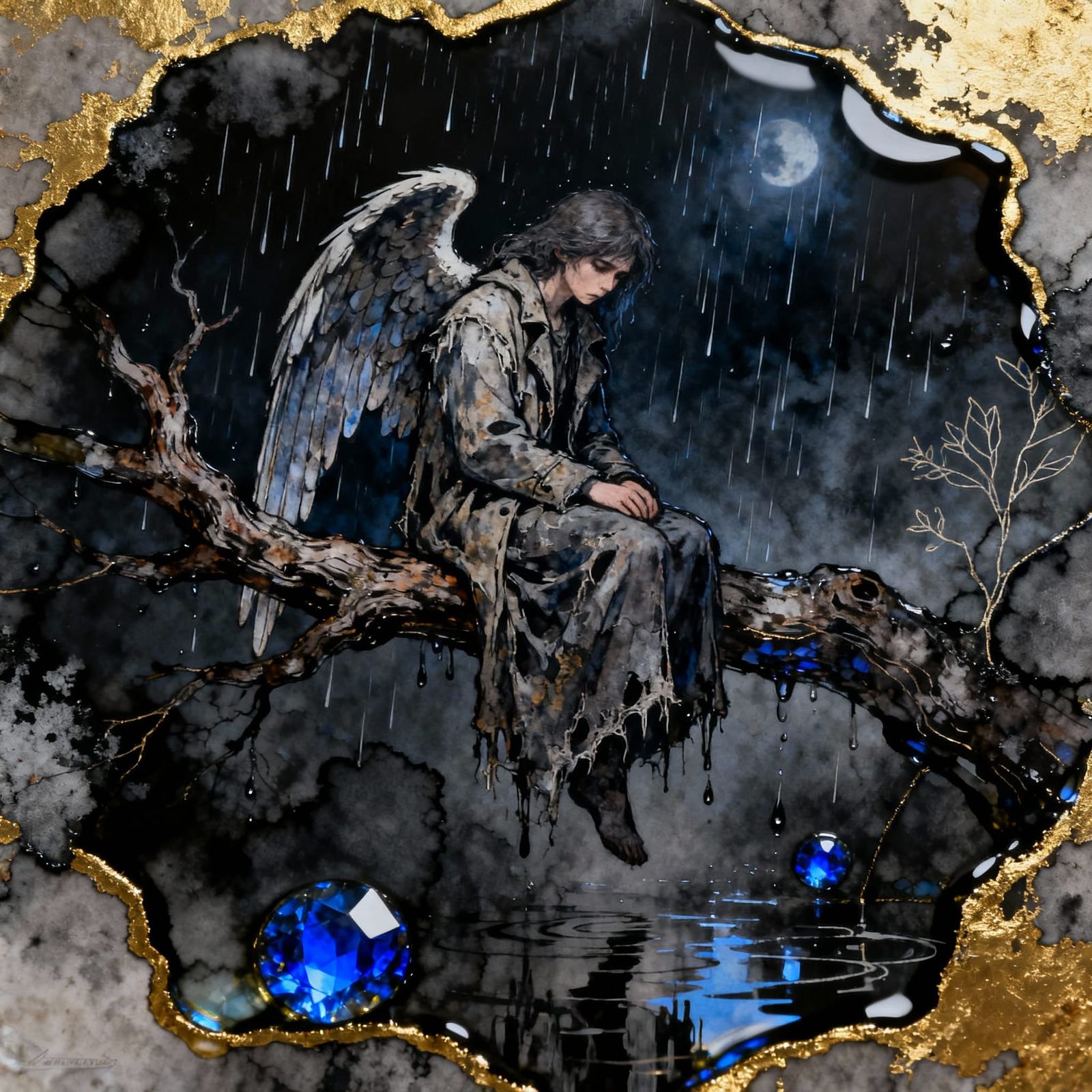 Sullen Angel in Night Rain