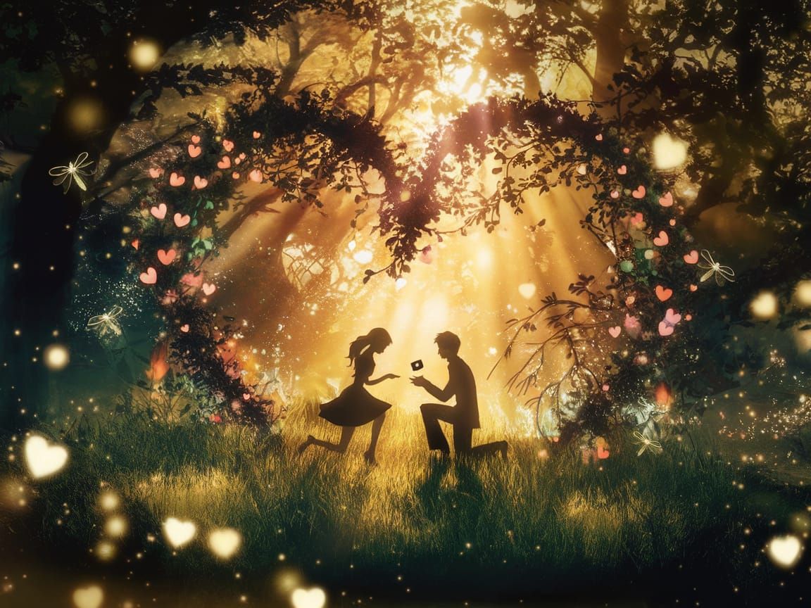 Enchanted Forest Proposal at Golden Hour in Ghibli Style