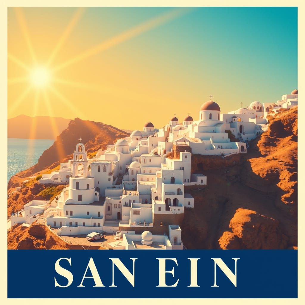 Vintage Santorini Travel Poster in 1940s Art Deco Style
