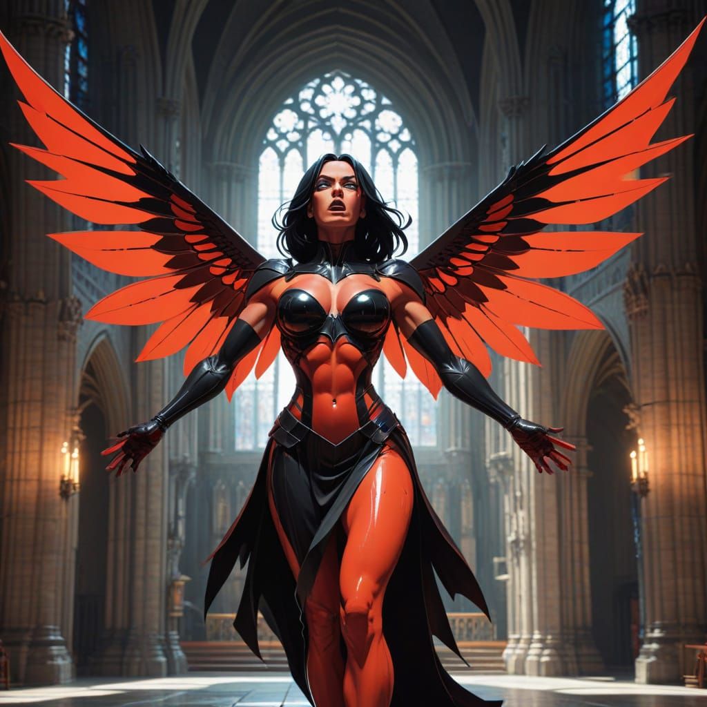 Cartoon Azrael Flexing Wings in Gothic Cathedral